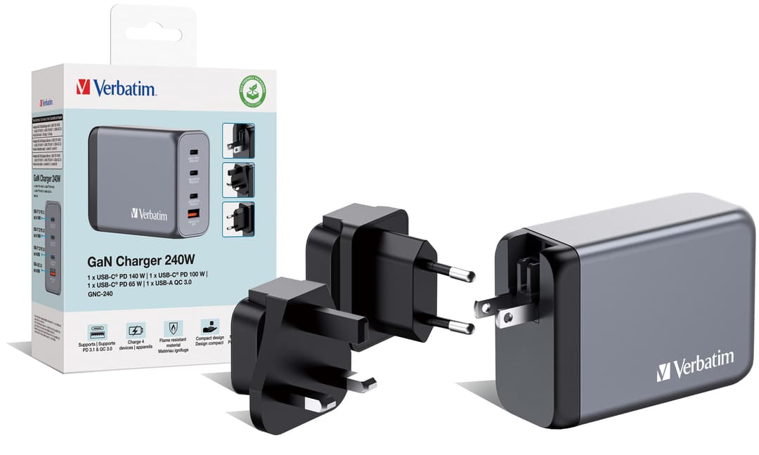 Verbatim GNC-240 GaN Charger 240W with 1 x USB-C 140W /1 x USB-C 100W / 1 x USB-C 65W / 1 x USB-A QC 3.0 (EU/UK/US) - Image 4