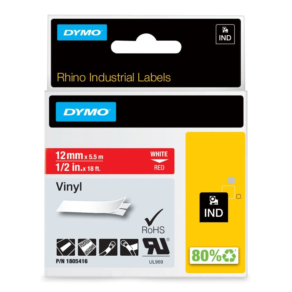 Dymo 1805416 Rhino Industrial Vinyl Label Tape 12mm x 5.5m - White on Red - Image 1