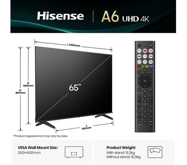 Hisense A6Q 65" LED 4K UHD HDR Smart TV with Freely - 65A6QTUK - Image 3