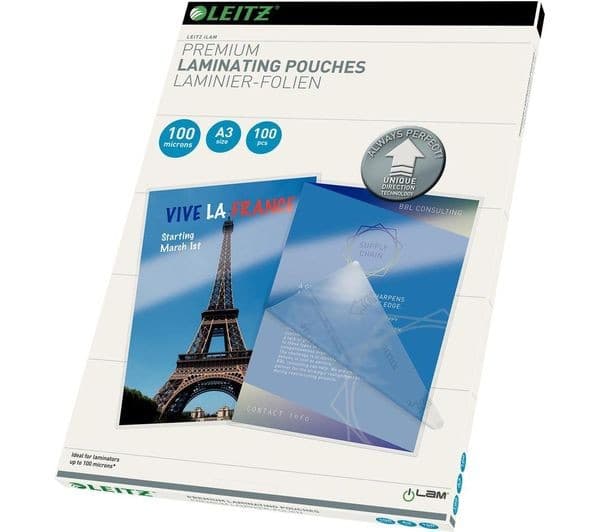 LEITZ iLAM 74870000 100 Micron A3 Gloss Laminating Pouches - Pack of 100 - Image 1