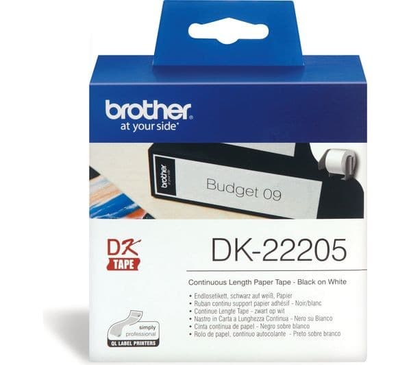 BROTHER DK22205 62 mm x 30.48 m Blank Continuous Length Paper Tape - Black on White, for Brother QL Label Printers - Image 1
