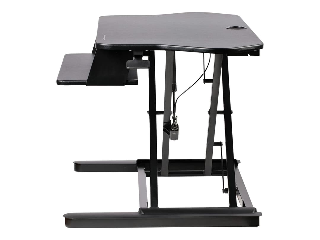 StarTech.com Corner Sit Stand Desk Converter with Keyboard Tray - 35" x 21" Surface, Height Adjustable, Supports Dual Monitors - Black (ARMSTSCORNR) - Image 1