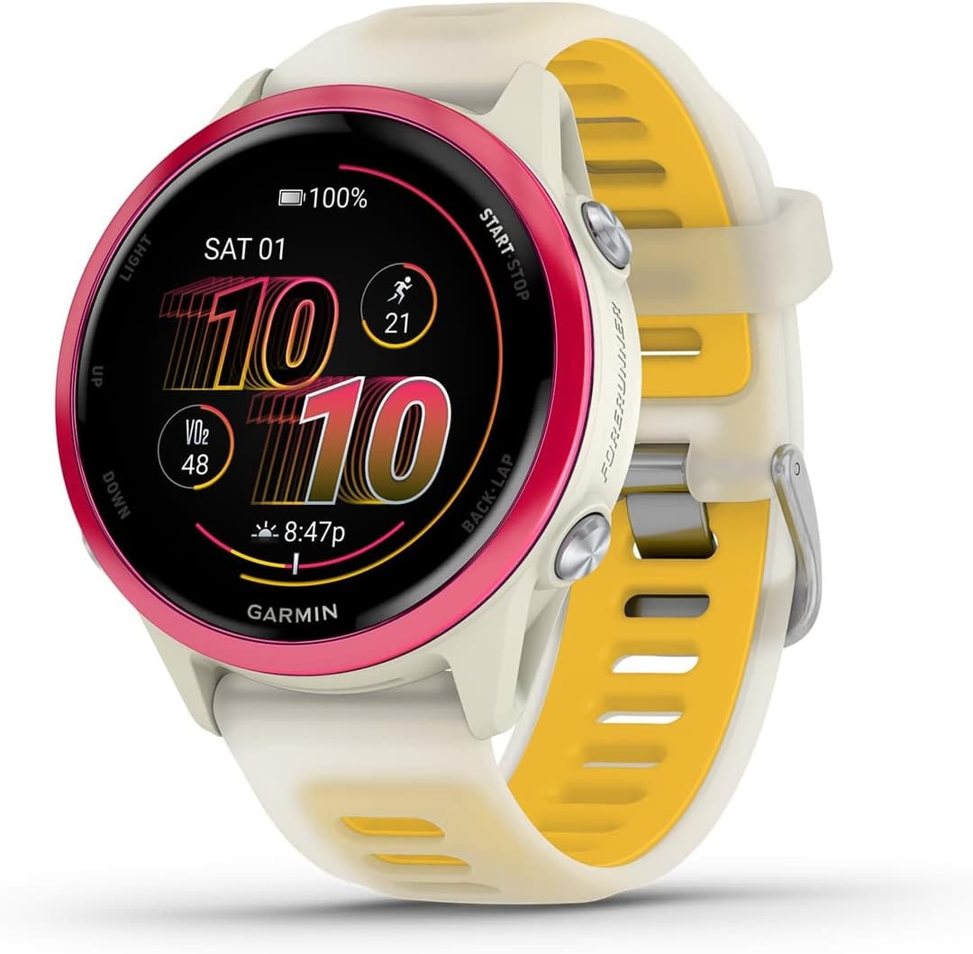 Garmin Forerunner 570 42mm GPS Running Smart Watch AMOLED Music Garmin Coach - Raspberry with Translucent Bone/Mango Band - Image 1