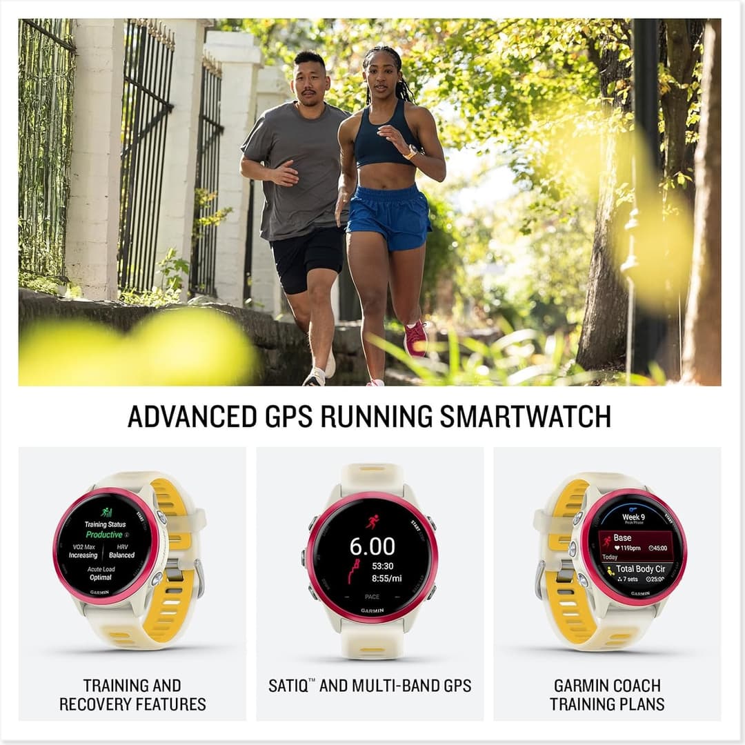 Garmin Forerunner 570 42mm GPS Running Smart Watch AMOLED Music Garmin Coach - Raspberry with Translucent Bone/Mango Band - Image 2