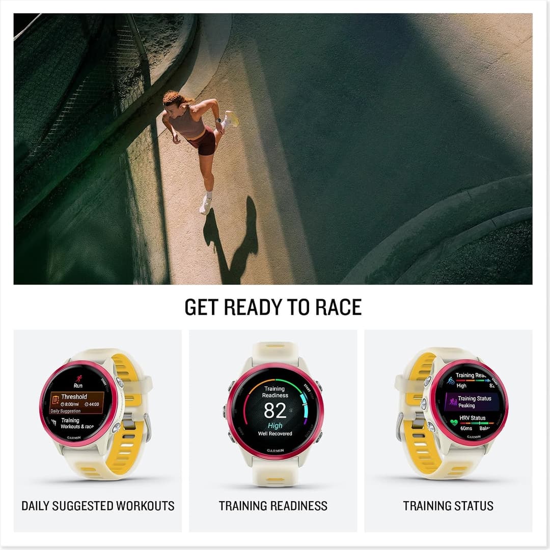 Garmin Forerunner 570 42mm GPS Running Smart Watch AMOLED Music Garmin Coach - Raspberry with Translucent Bone/Mango Band - Image 4