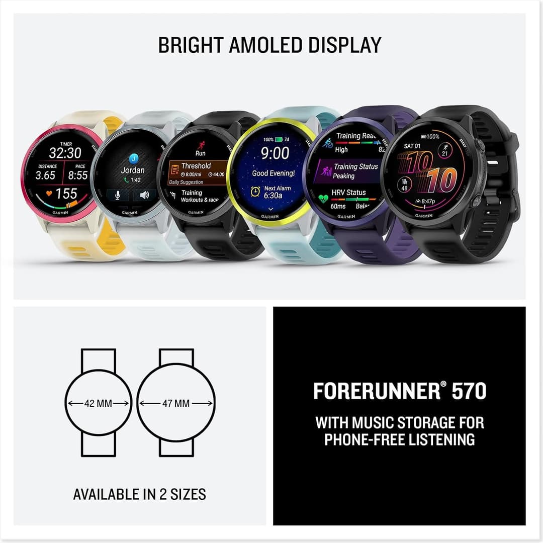 Garmin Forerunner 570 42mm GPS Running Smart Watch AMOLED Music Garmin Coach - Raspberry with Translucent Bone/Mango Band - Image 7