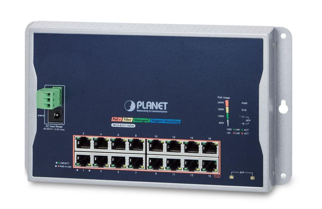 PLANET WGS-4215-16P2S IP40 Industrial 16-Port 10/100/1000T 802.3at PoE + 2-Port 100/1000X SFP Wall-mount Managed Ethernet Switch (IPv6/IPv4, 240W PoE Budget) - Image 1