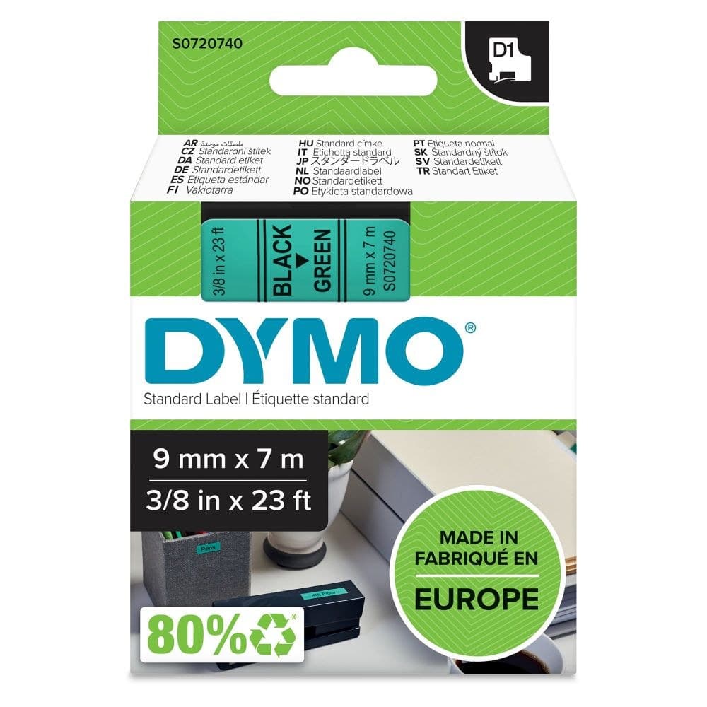 Dymo 40919 D1 9mm x 7m Black on Green Tape - Image 1