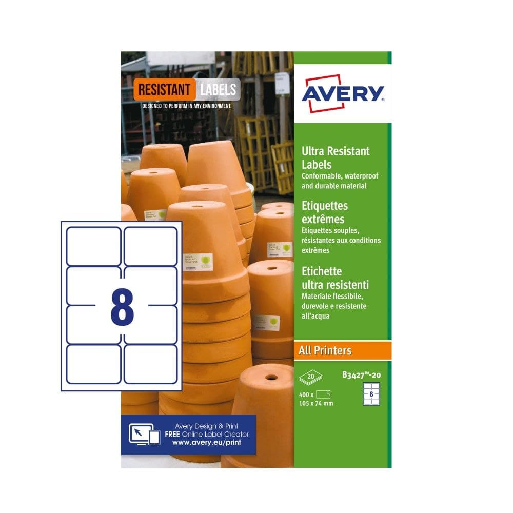 Avery B3427-20 Ultra Resistant Labels 74 x 105mm 20 sheets - 8 Labels per Sheet (160 Labels) - Image 1