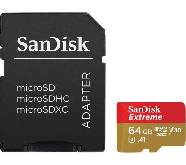 SanDisk Extreme microSDXC UHS-I Memory Card 64 GB with SD Adapter (Class 10, U3, V30, A2, up to 170 MB/s)