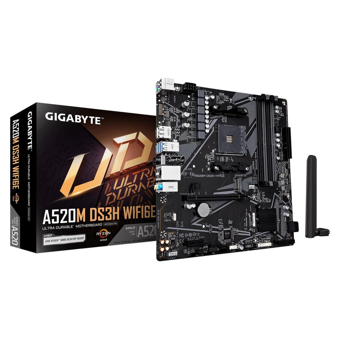 GIGABYTE A520M DS3H WIFI6E AMD A520 Socket AM4 Micro-ATX Motherboard - Supports AMD Ryzen 5000 Series CPUs, 4x DDR4 up to 4733MHz (OC), 1x PCIe 3.0 M.2, Wi-Fi 6E, GbE LAN, USB 3.2 Gen 1 - Image 1