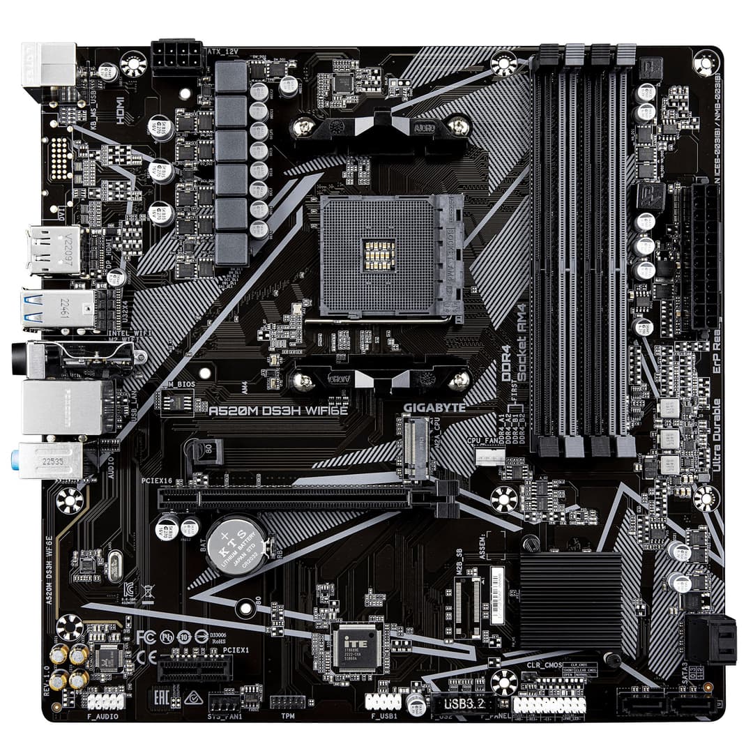GIGABYTE A520M DS3H WIFI6E AMD A520 Socket AM4 Micro-ATX Motherboard - Supports AMD Ryzen 5000 Series CPUs, 4x DDR4 up to 4733MHz (OC), 1x PCIe 3.0 M.2, Wi-Fi 6E, GbE LAN, USB 3.2 Gen 1 - Image 2