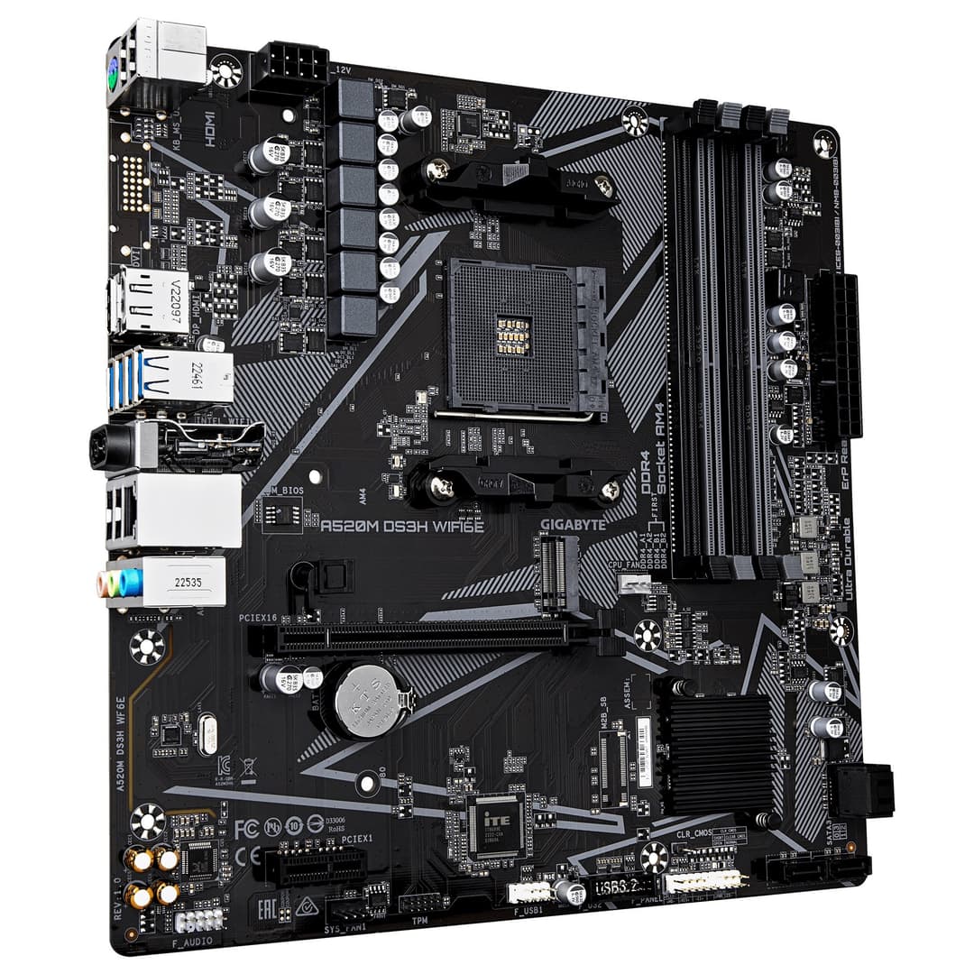 GIGABYTE A520M DS3H WIFI6E AMD A520 Socket AM4 Micro-ATX Motherboard - Supports AMD Ryzen 5000 Series CPUs, 4x DDR4 up to 4733MHz (OC), 1x PCIe 3.0 M.2, Wi-Fi 6E, GbE LAN, USB 3.2 Gen 1 - Image 3