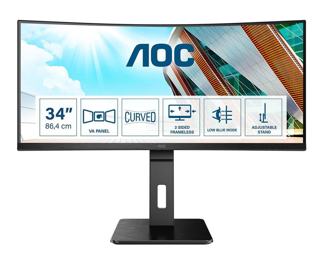 AOC P2 CU34P2A 34" (86.4 cm) Curved Ultrawide LED Monitor - 3440 x 1440 UWQHD VA, 100 Hz, 2x HDMI, DisplayPort, USB Hub, Speakers, Black - Image 1