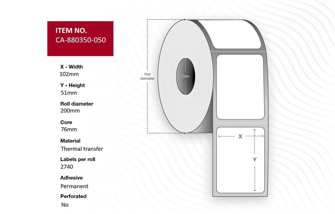 Capture Label 102 x 51mm, Core 76mm, Thermal Transfer, White Polyester, Permanent, No Perforation, 2740 Labels per Roll, 4 Rolls per Box - Image 1