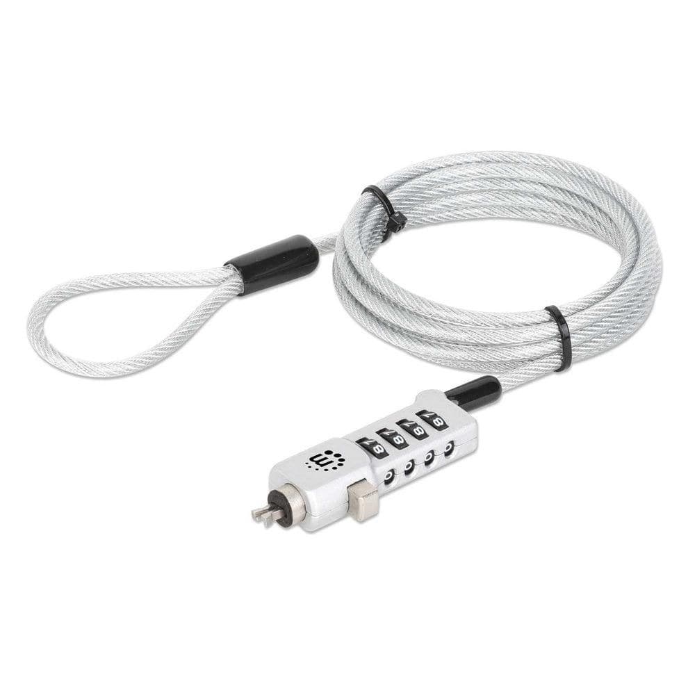 Manhattan Universal Laptop Combination Lock 3-in-1 Noble Wedge, Nano & K-Slot, Resettable 4-Digit Combo, 1.8 m Cut-Resistant Steel Cable, Silver