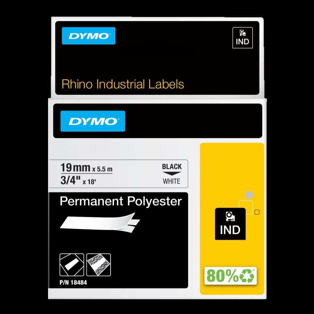 Dymo Rhino 18484 19mm x 5.5m Black on White Permanent Polyester Tape - S0718220
