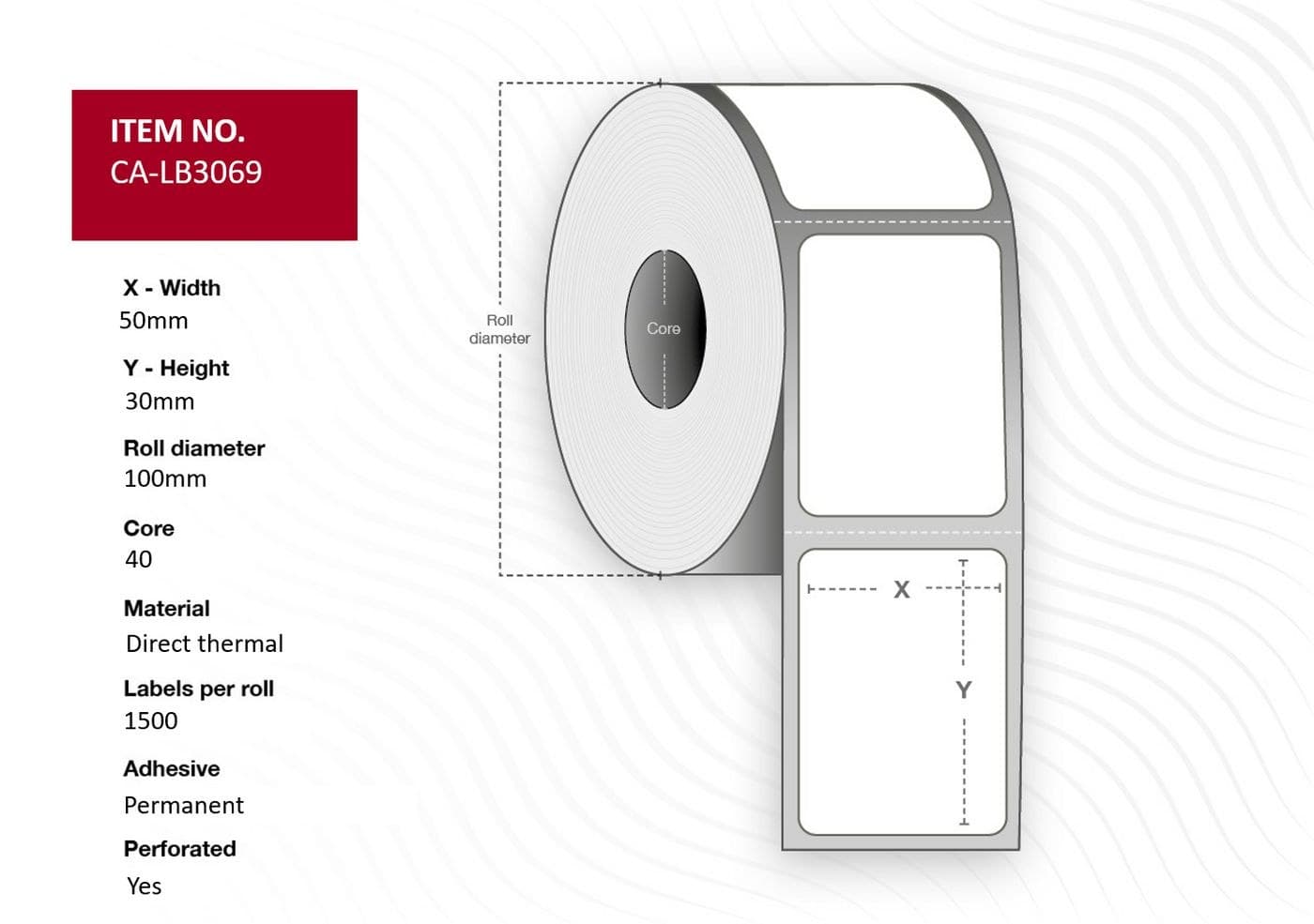 Capture CA-LB3069 Direct Thermal Labels 50 x 30mm, White, 40mm Core, Permanent, Perforated, 1500 Labels per Roll, 12 Rolls per Box