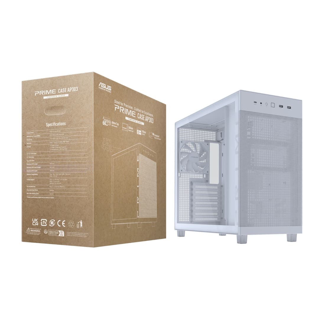 ASUS Prime AP303 Tempered Glass Panel 44L ATX Mid-Tower PC Case, USB-C 20Gbps - White - Image 10
