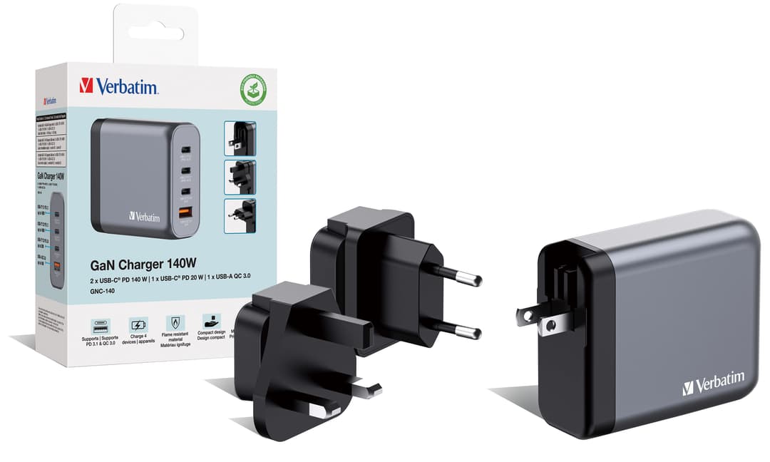 Verbatim GNC-140 GaN Charger 140W with 2 x USB-C PD 140W / 1 x USB-C PD 20W / 1 x USB-A QC 3.0 (EU/UK/US) - Image 4