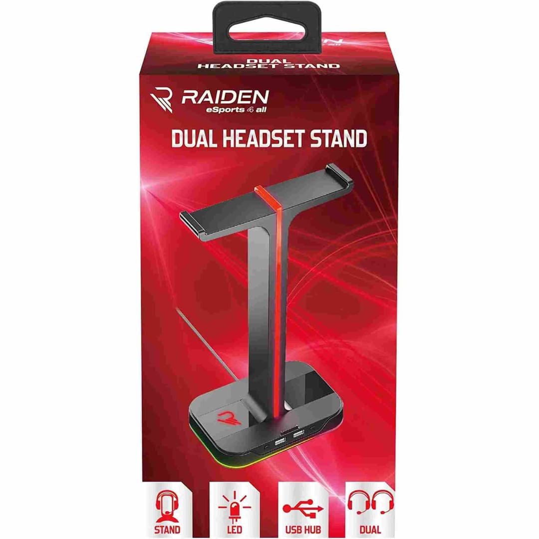 Raiden Dual Headset Stand with 2-Port USB Hub & RGB LED Lighting - Image 1