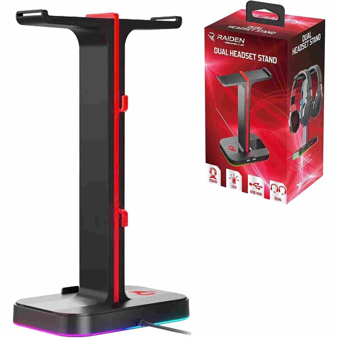 Raiden Dual Headset Stand with 2-Port USB Hub & RGB LED Lighting - Image 2