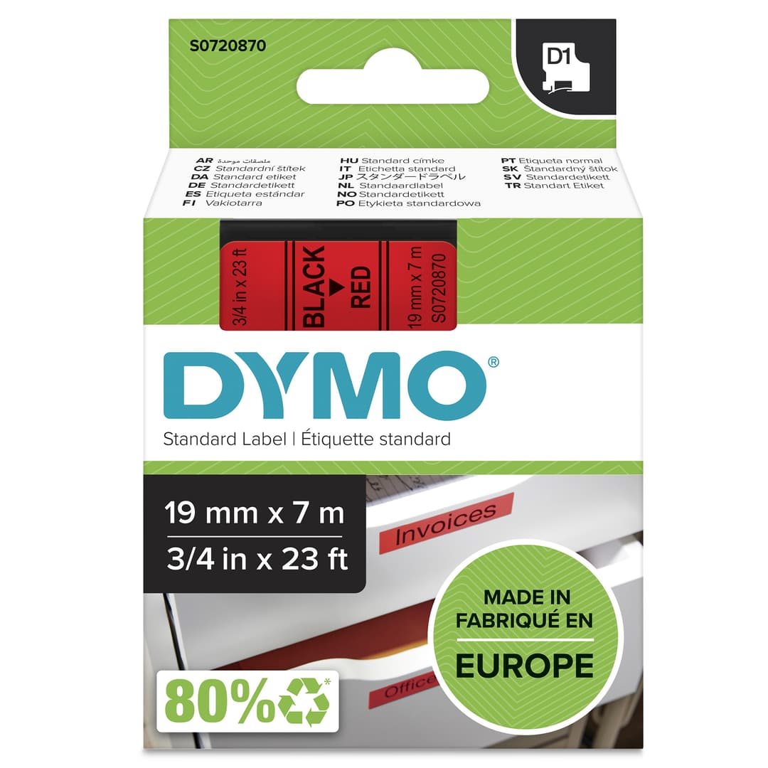 DYMO Authentic D1 Labels | Black Print on Red Tape | 19 mm x 7 m | Self-Adhesive Labels for LabelManager Label Makers | Made in Europe - Image 1