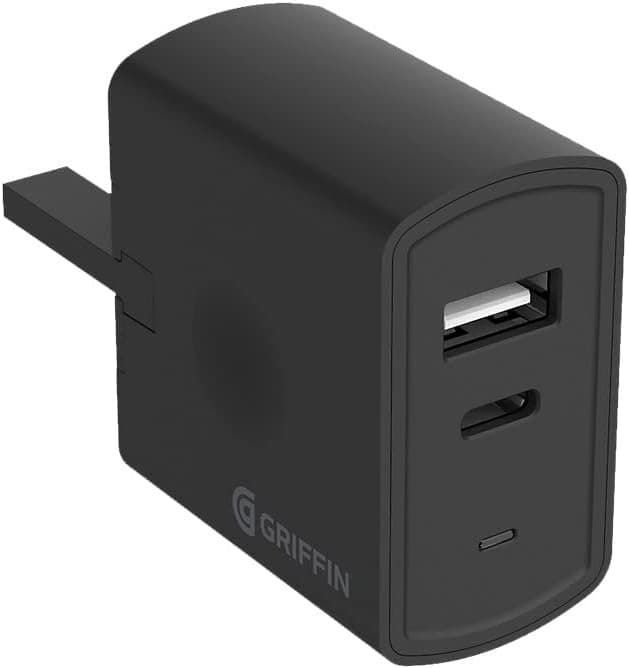 Griffin GP-152-BLK-UK Dual-Port Wall Charger (USB-C 15W + USB-A 18W), UK Plug, Black - Image 1