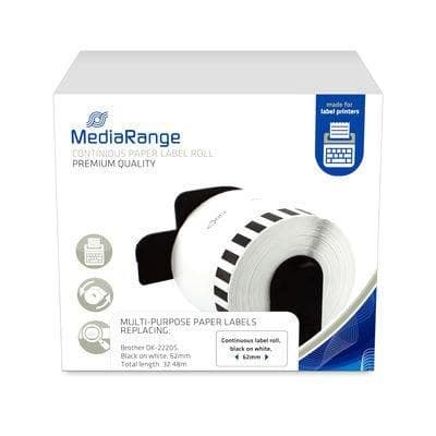 MediaRange Continuous Paper Label, for Label Printers using Brother DK-22205, 62mm, 30.48m, Black on White - Image 1
