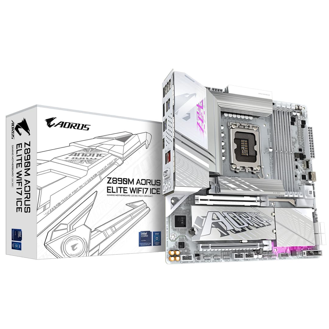 GIGABYTE Z890M AORUS ELITE WIFI7 ICE Micro-ATX Motherboard - Supports Intel Core Ultra (Series 2) CPUs, LGA 1851, 12+1+2 phases VRM, up to 8800MHz DDR5 (OC), 1xPCIe 5.0 + 2xPCIe 4.0, Wi-Fi 7, 2.5GbE LAN, USB 4 - Image 1