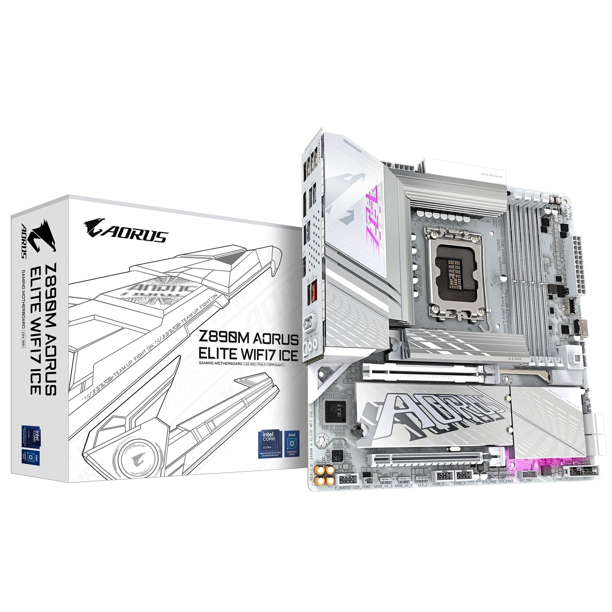 GIGABYTE Z890M AORUS ELITE WIFI7 ICE Micro-ATX Motherboard - Supports Intel Core Ultra (Series 2) CPUs, LGA 1851, 12+1+2 phases VRM, up to 8800MHz DDR5 (OC), 1xPCIe 5.0 + 2xPCIe 4.0, Wi-Fi 7, 2.5GbE LAN, USB 4