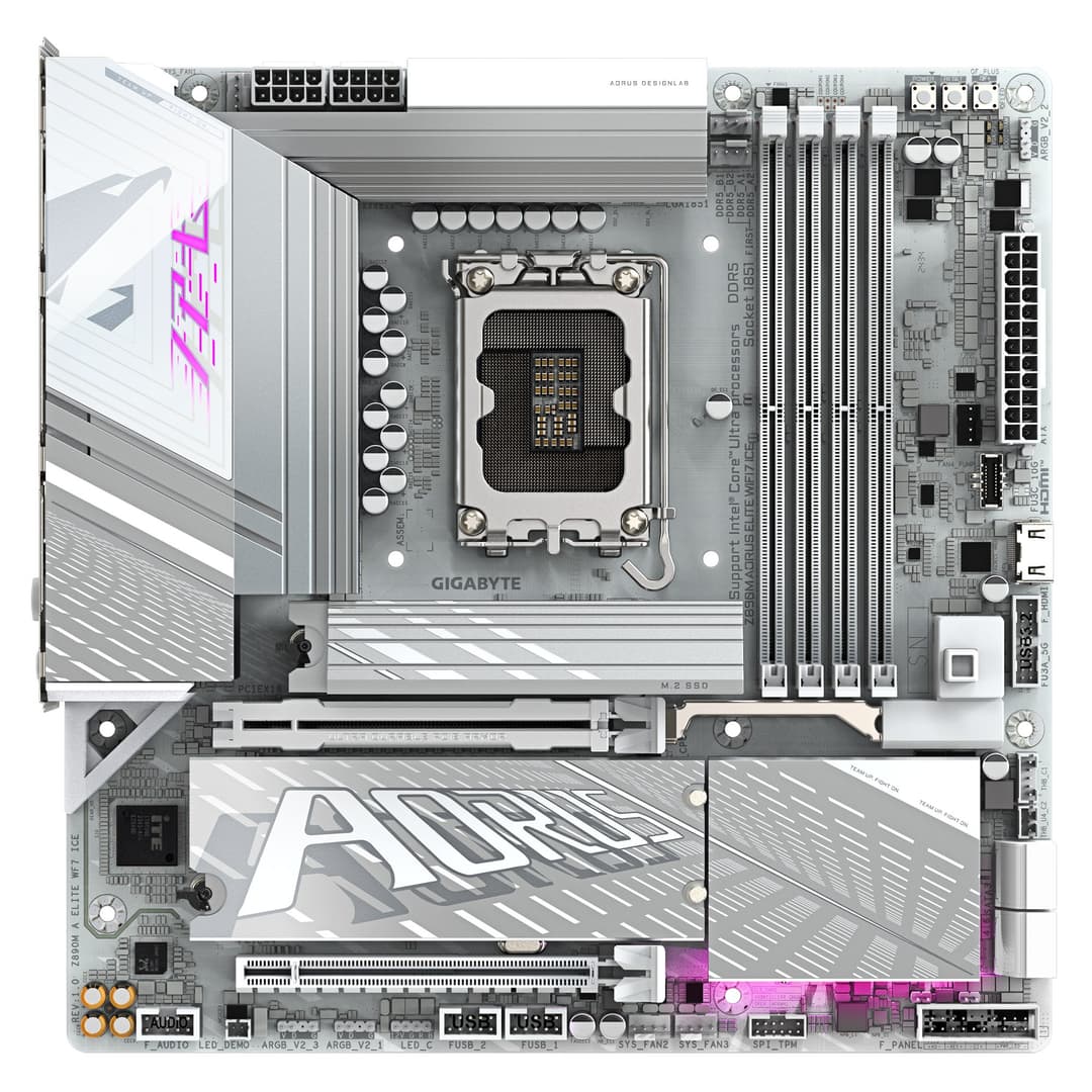 GIGABYTE Z890M AORUS ELITE WIFI7 ICE Micro-ATX Motherboard - Supports Intel Core Ultra (Series 2) CPUs, LGA 1851, 12+1+2 phases VRM, up to 8800MHz DDR5 (OC), 1xPCIe 5.0 + 2xPCIe 4.0, Wi-Fi 7, 2.5GbE LAN, USB 4 - Image 2