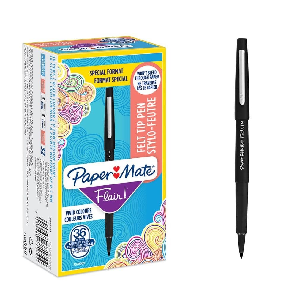 Paper Mate 2077174 Flair Pen 0.7 - 1mm Medium Tip Black Ink Box of 36 - Image 1
