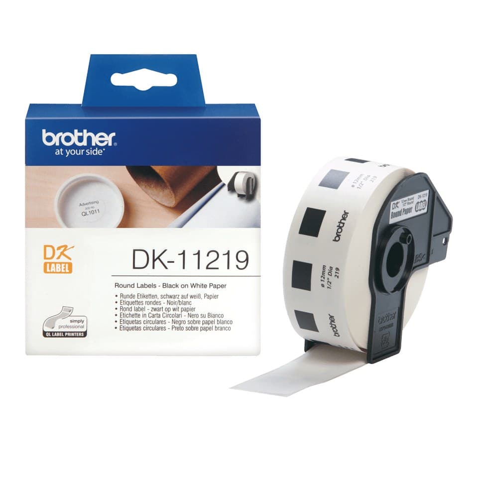 Brother DK-11219 Round Die-Cut Label Roll 12mm Diameter Black on White 1200 Labels