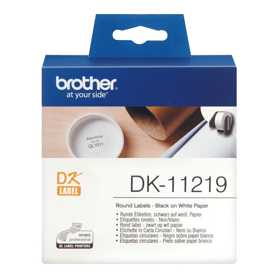 Brother DK-11219 Round Die-Cut Label Roll 12mm Diameter Black on White 1200 Labels - Image 2