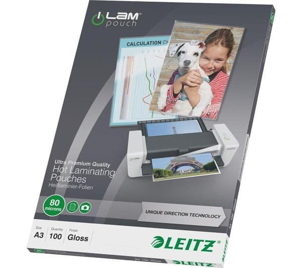LEITZ iLAM 74850000 80 Micron A3 Laminating Pouches - Pack of 100 - Image 1