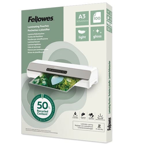 Fellowes 100142988 Recycled A3 Gloss Laminating Pouches 80 Micron Pack of 100 - Image 1