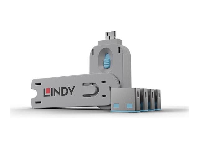 Lindy USB Type-A Port Blocker Kit Blue - Pack of 4 Blockers + 1 Key - Image 1