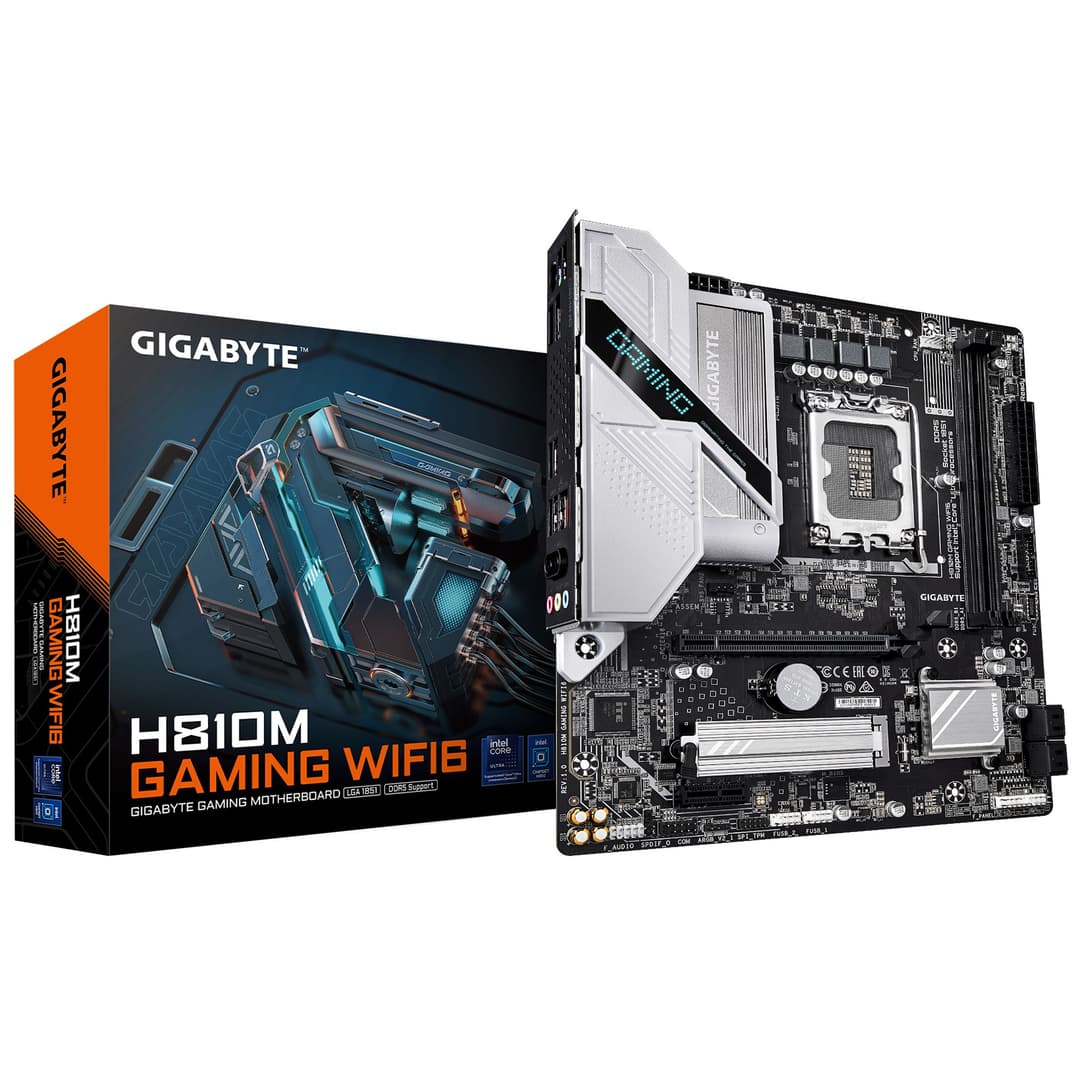 GIGABYTE H810M GAMING WIFI6 Intel H810 Micro ATX LGA 1851 Motherboard - Intel Core Ultra (Series 2) CPUs, 4+1+2 Phases VRM, up to 6400MHz DDR5, 1xPCIe 4.0 M.2, 2.5GbE LAN, WIFI 6, USB 3.2 Gen 1 - Image 1