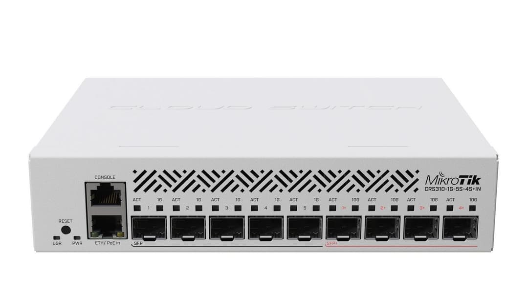 MikroTik CRS310-1G-5S-4S+IN Cloud Router Switch - 4x 10G SFP+, 5x Gigabit SFP, 1x Gigabit LAN, 800 MHz Dual-Core, 256 MB RAM, RouterOS L5 - Image 1
