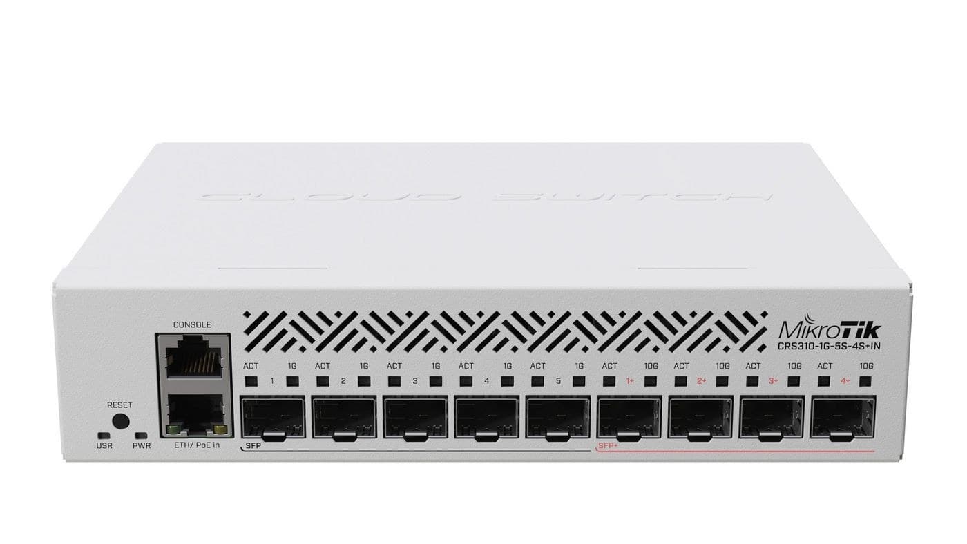 MikroTik CRS310-1G-5S-4S+IN Cloud Router Switch - 4x 10G SFP+, 5x Gigabit SFP, 1x Gigabit LAN, 800 MHz Dual-Core, 256 MB RAM, RouterOS L5