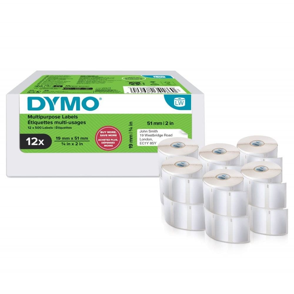 DYMO 11355 LabelWriter Small Multi-Purpose Labels 19 mm x 51 mm 500 Labels Per Roll Pack of 12 Rolls