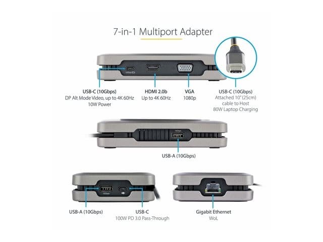StarTech.com DKM31C3HVCPD USB-C Multiport Adapter Docking Station - 4K 60Hz HDMI, VGA, USB-C DP Alt Mode, 2x USB-A 10Gbps, Gigabit Ethernet, 100W PD Pass-Through - Space Grey - Image 9