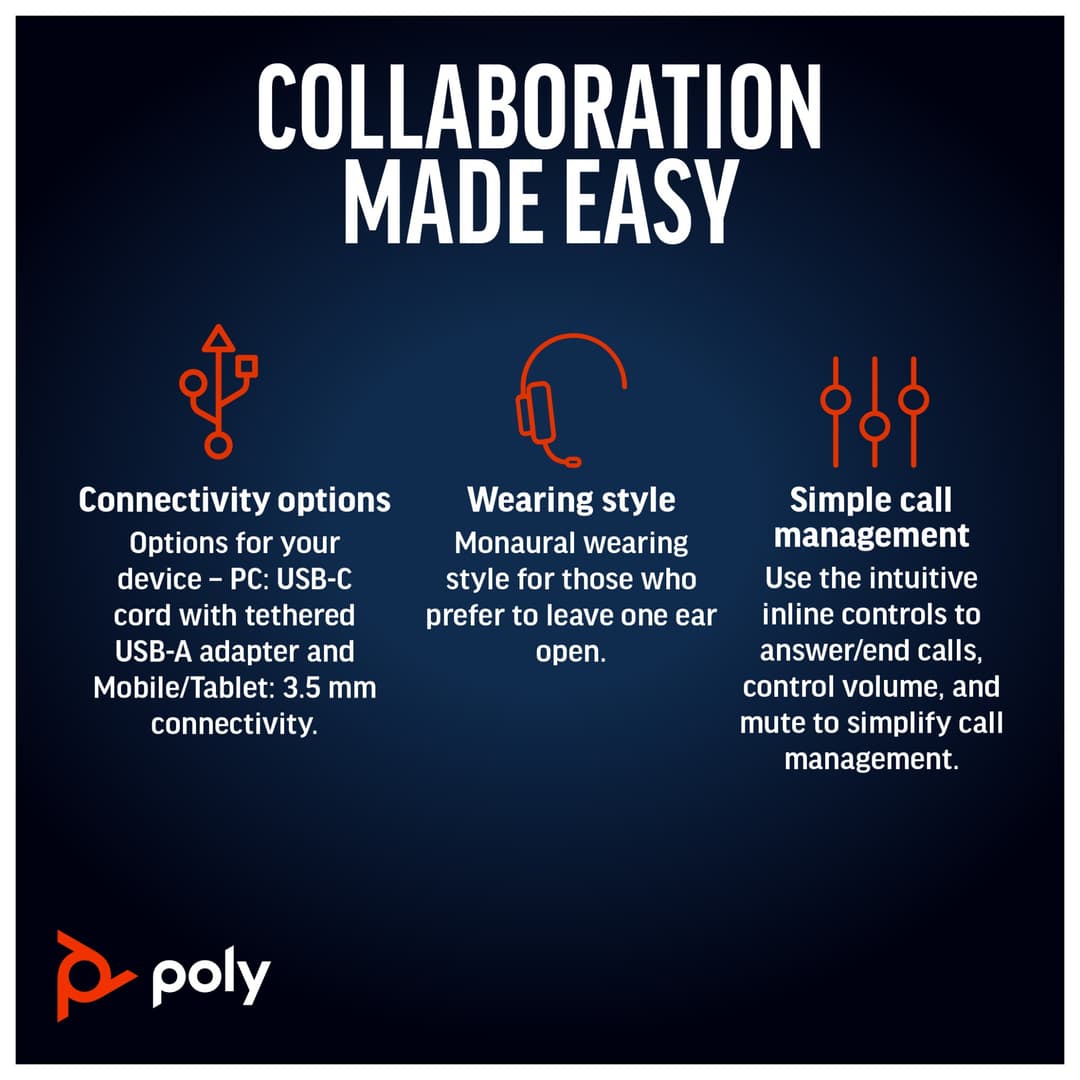 Poly Blackwire 5210 Monaural USB-C USB-A 3.5mm Wired Headset - Image 3