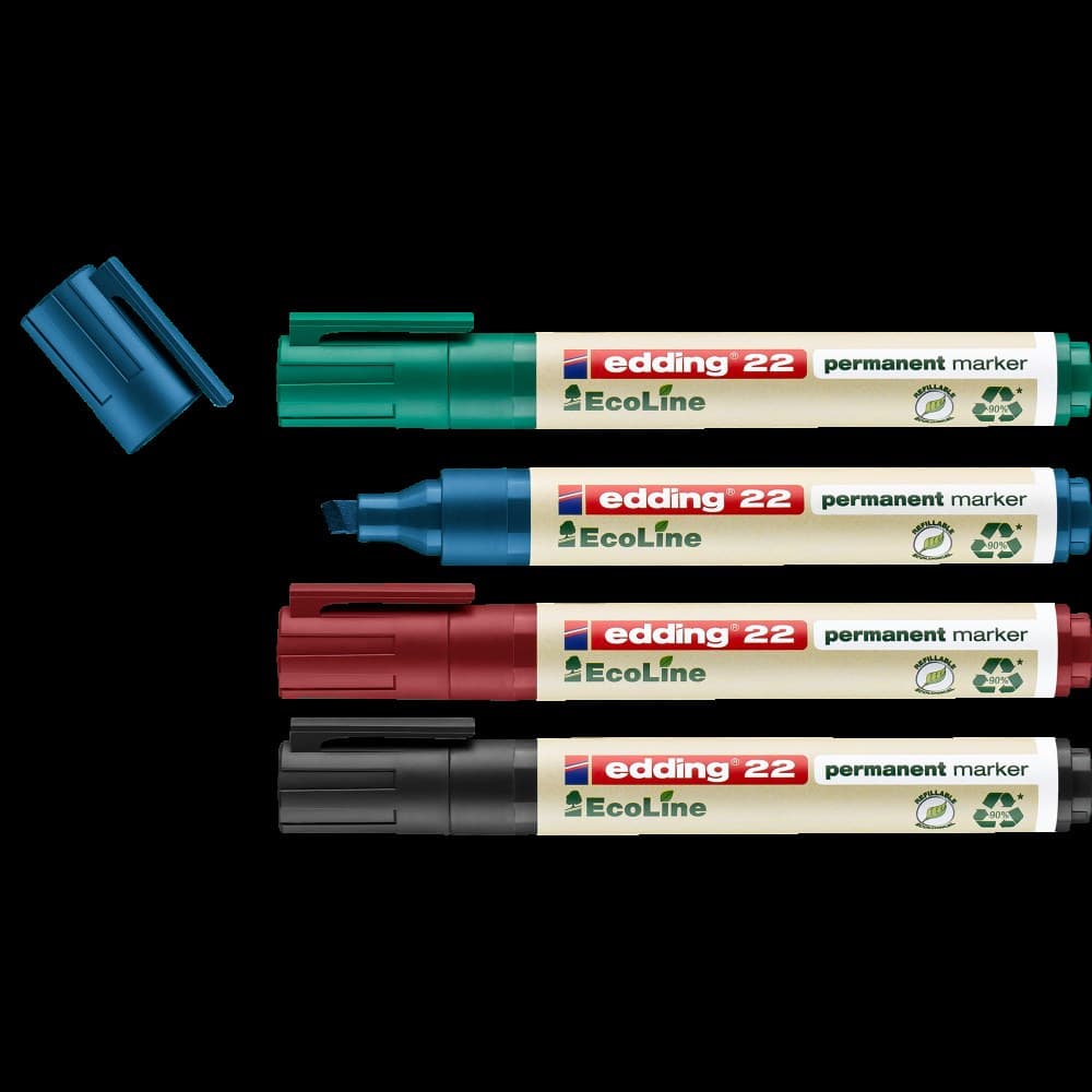 edding 22-4 S EcoLine permanent marker, chisel tip 1-5 mm, assorted colours, Pack of 4