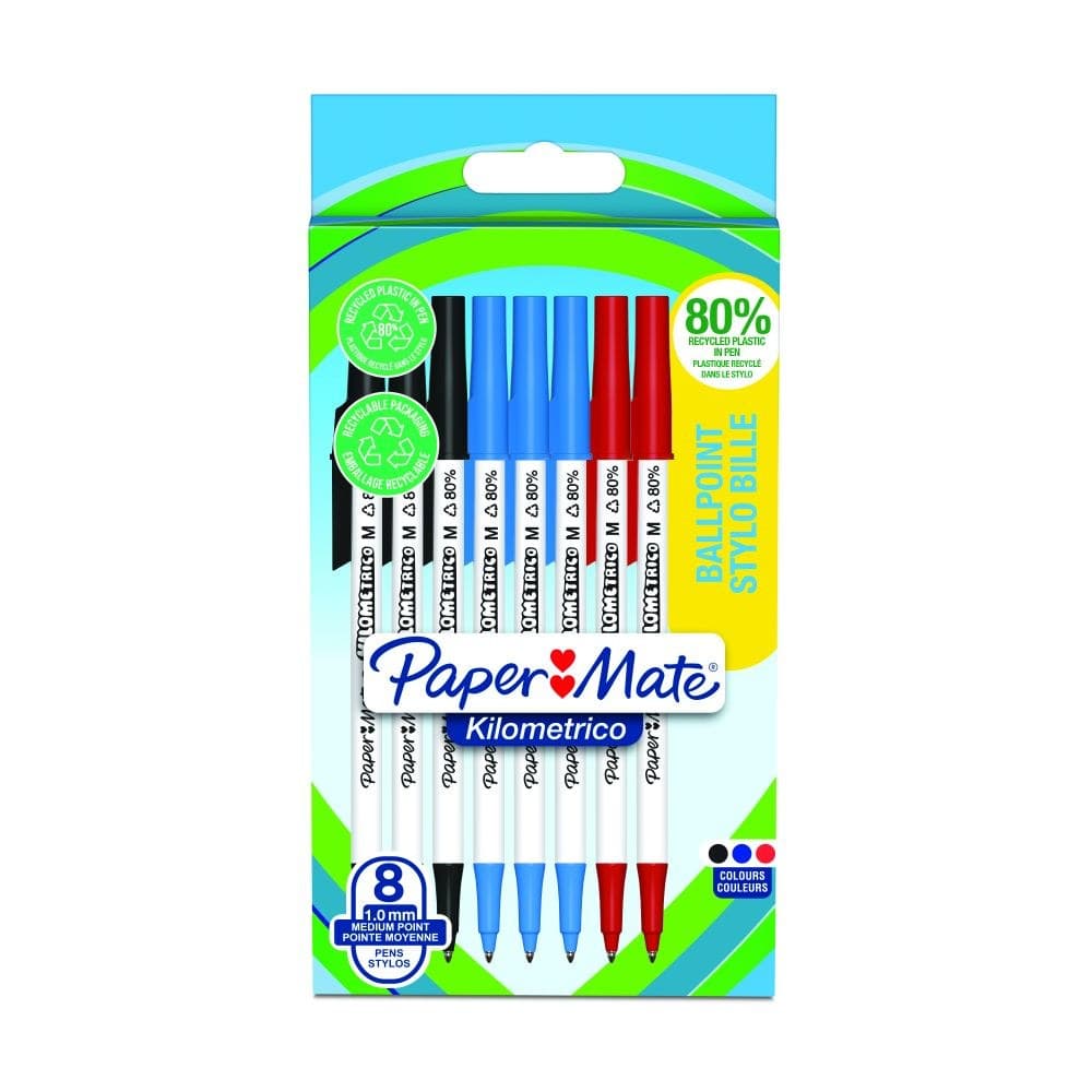 Paper Mate 2187680 Kilometrico Recycled Assorted Ball Pen pack of 8 pens