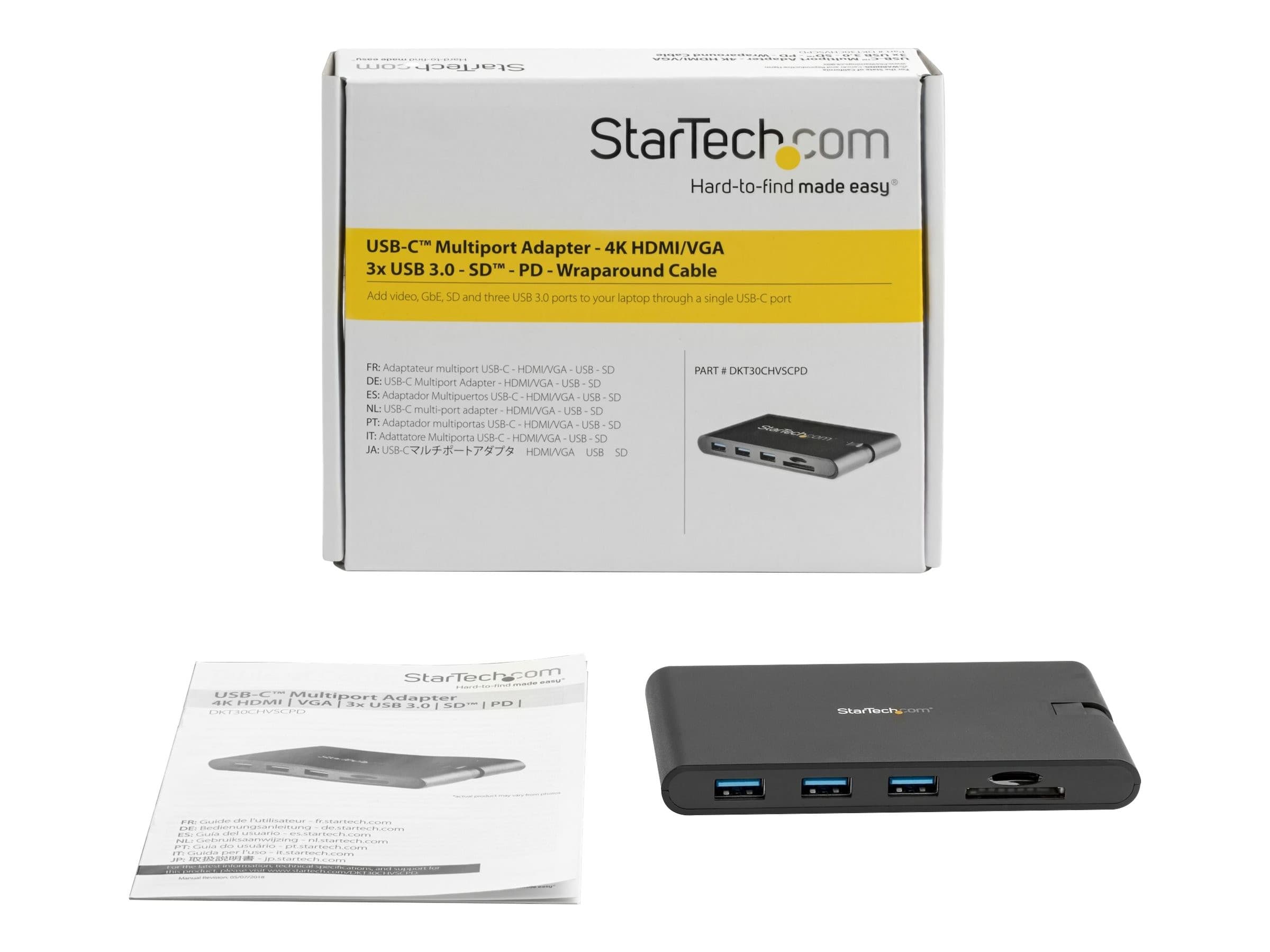 StarTech.com DKT30CHVSCPD USB-C Multiport Adapter Docking Station - 4K HDMI, VGA, 100W PD, 3x USB 3.0, Gigabit Ethernet, SD & MicroSD - Black