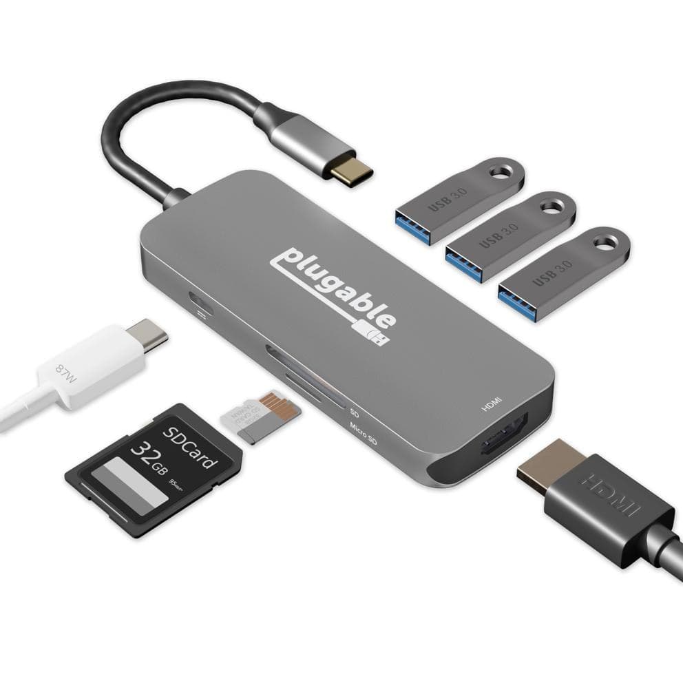 Plugable Technologies USB-C Hub 7-in-1, Driverless USB C Hub Compatible with Mac, Windows, Chromebook, USB4, Thunderbolt 4, and More (4K HDMI, 3 USB 3.0, SD & microSD Card Reader, 100W Charging) - Image 1