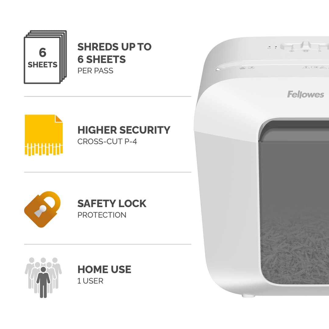Fellowes LX Series Paper Shredder LX25 6 Sheet Cross Cut Shredder with 11.5 Litre Bin High Security P4 White - Image 2