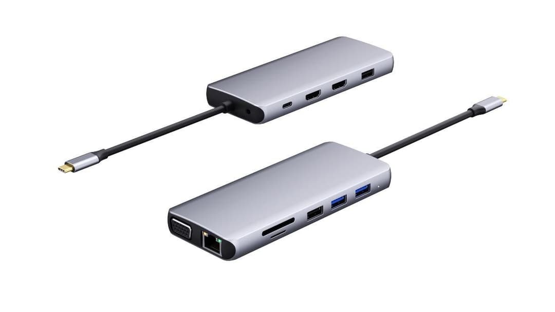 eSTUFF 12-in-1 Triple Display Mobile USB-C Hub, 2x HDMI 4K, VGA, Gigabit RJ-45, 100W PD, SD/microSD - Grey (ES623009) - Image 1